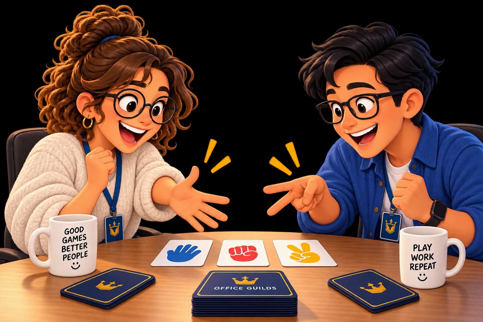 Coworkers playing rock, paper, scissors with cards